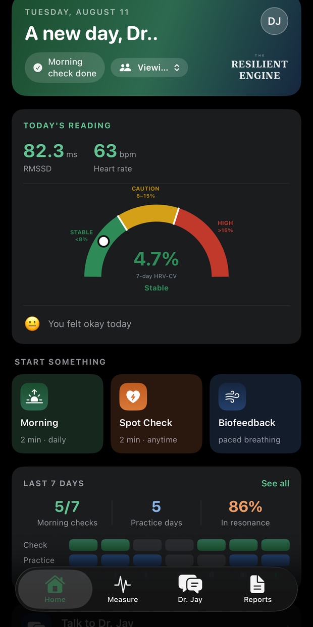 The Resilient Engine app home screen showing the day's reading and the last seven days