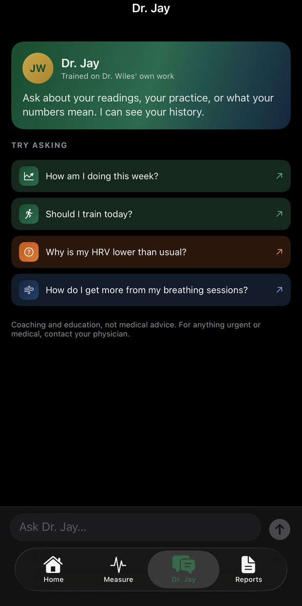 Dr. Jay AI in the app, answering questions about a client's own readings