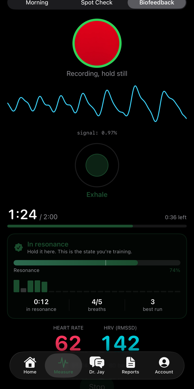 The same session in resonance, heart rate 62 and RMSSD 142, the heart rate wave now large and smooth